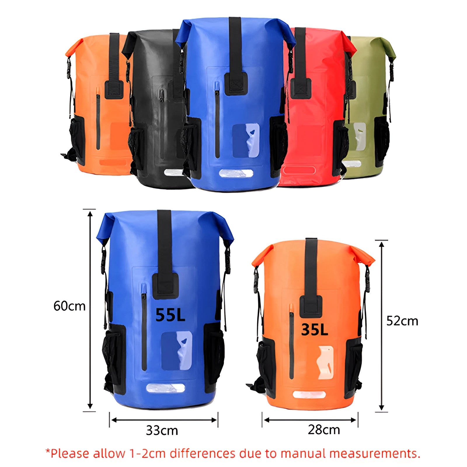 35L Waterproof Dry Bag Backpack in vibrant electric blue and magenta, designed for outdoor adventure, featuring a durable construction ideal for travel and carrying gear.