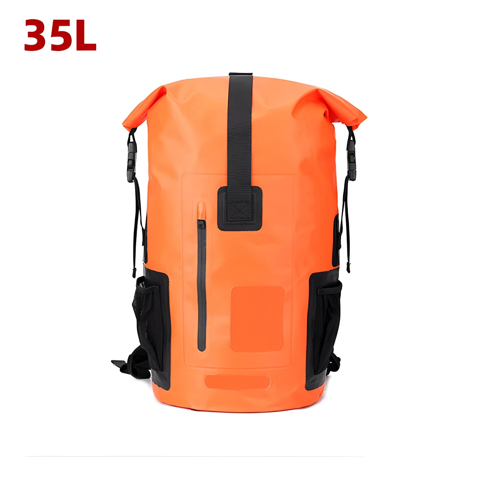 Orange 35L waterproof dry bag backpack designed for outdoor adventures, featuring a durable and protective build with adjustable straps and a roll-top closure.