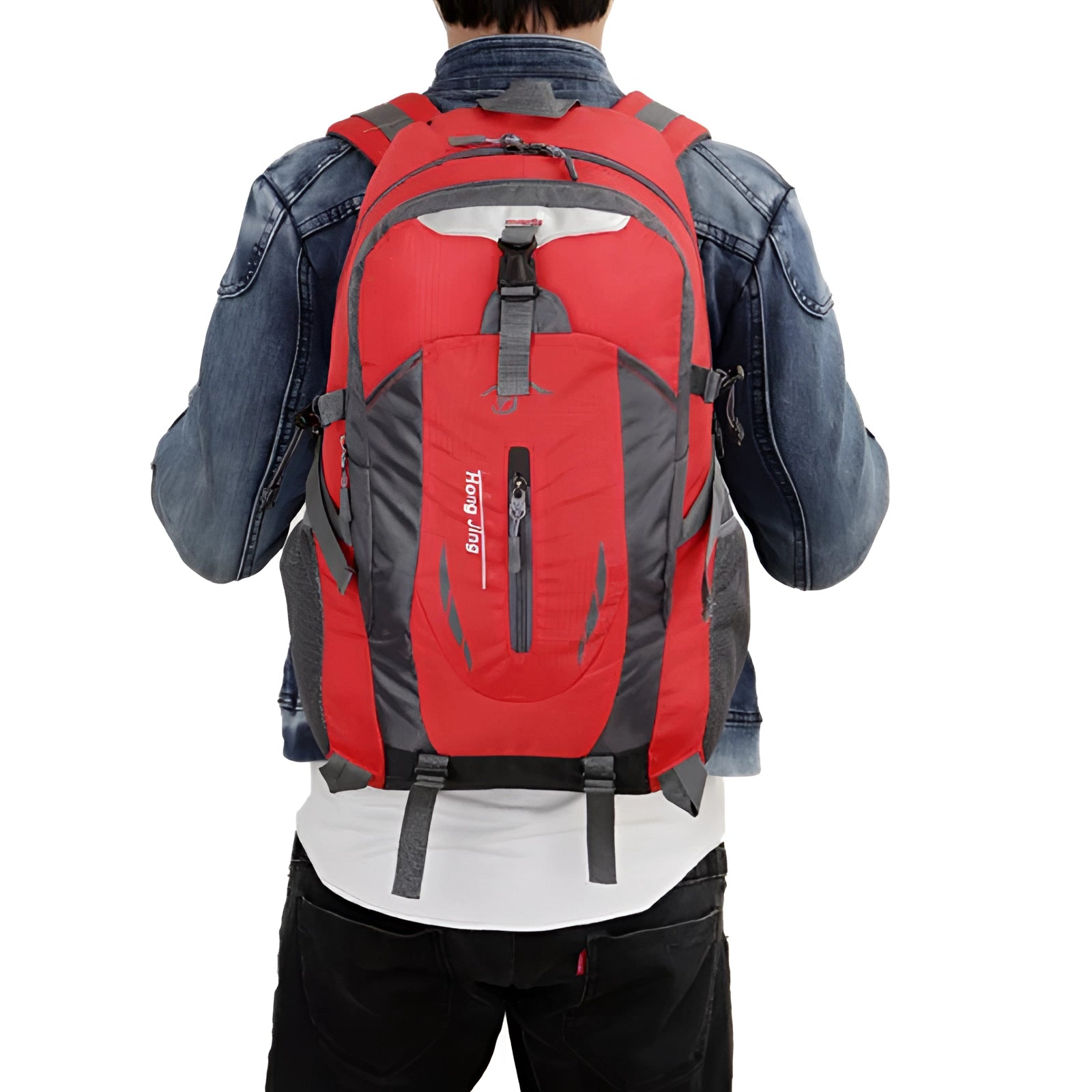 40L red waterproof hiking backpack, lightweight with multiple compartments, displayed on a white background.