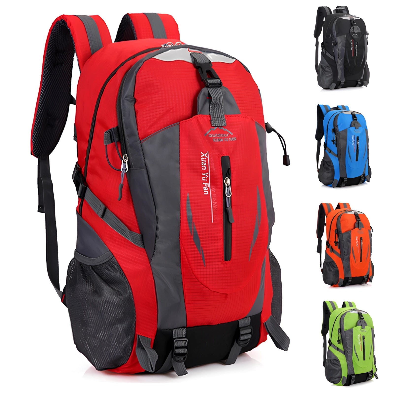 40L red waterproof hiking backpack, lightweight with multiple compartments, designed for travel and outdoor activities.