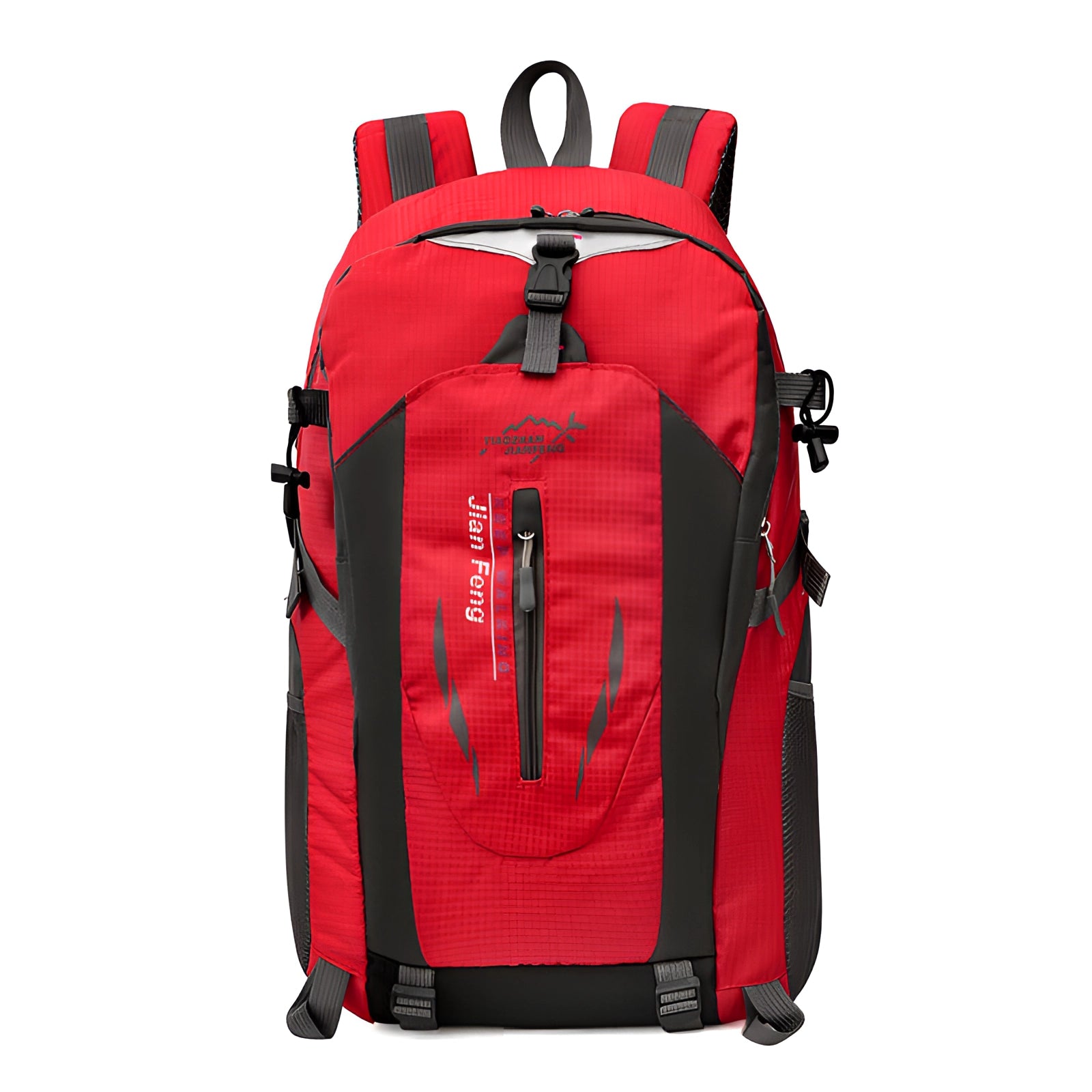 Red 40L Waterproof Hiking Backpack, lightweight with multiple compartments, designed for outdoor adventures.