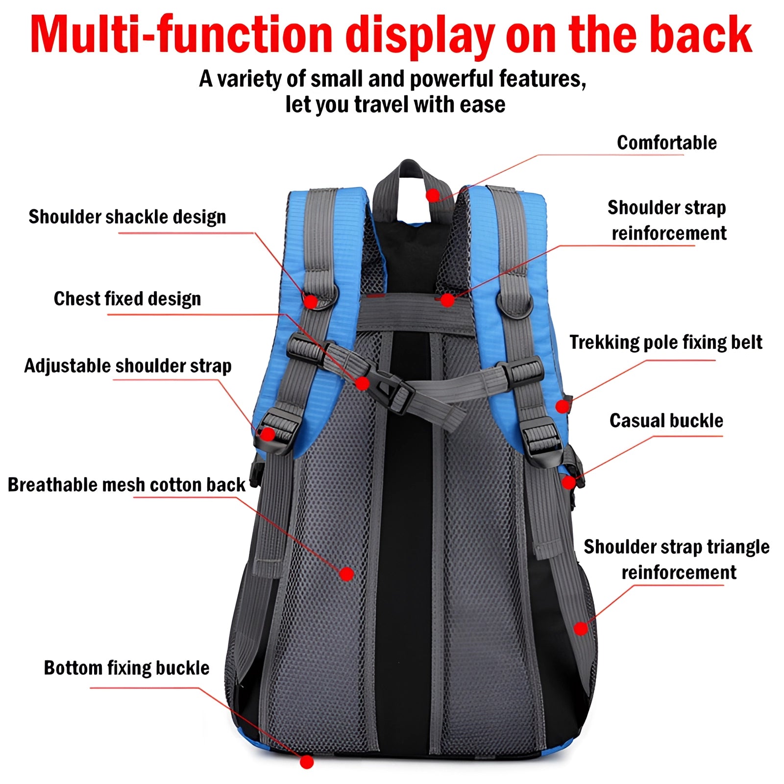 Red 40L lightweight waterproof hiking backpack with multiple compartments.