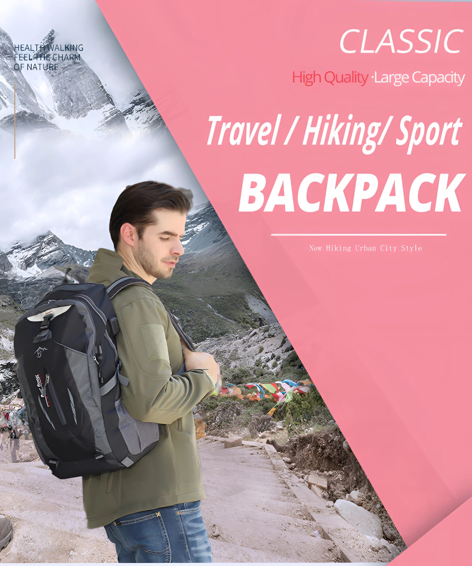 Red 40L waterproof hiking backpack with multiple compartments, shown outdoors with people enjoying nature.