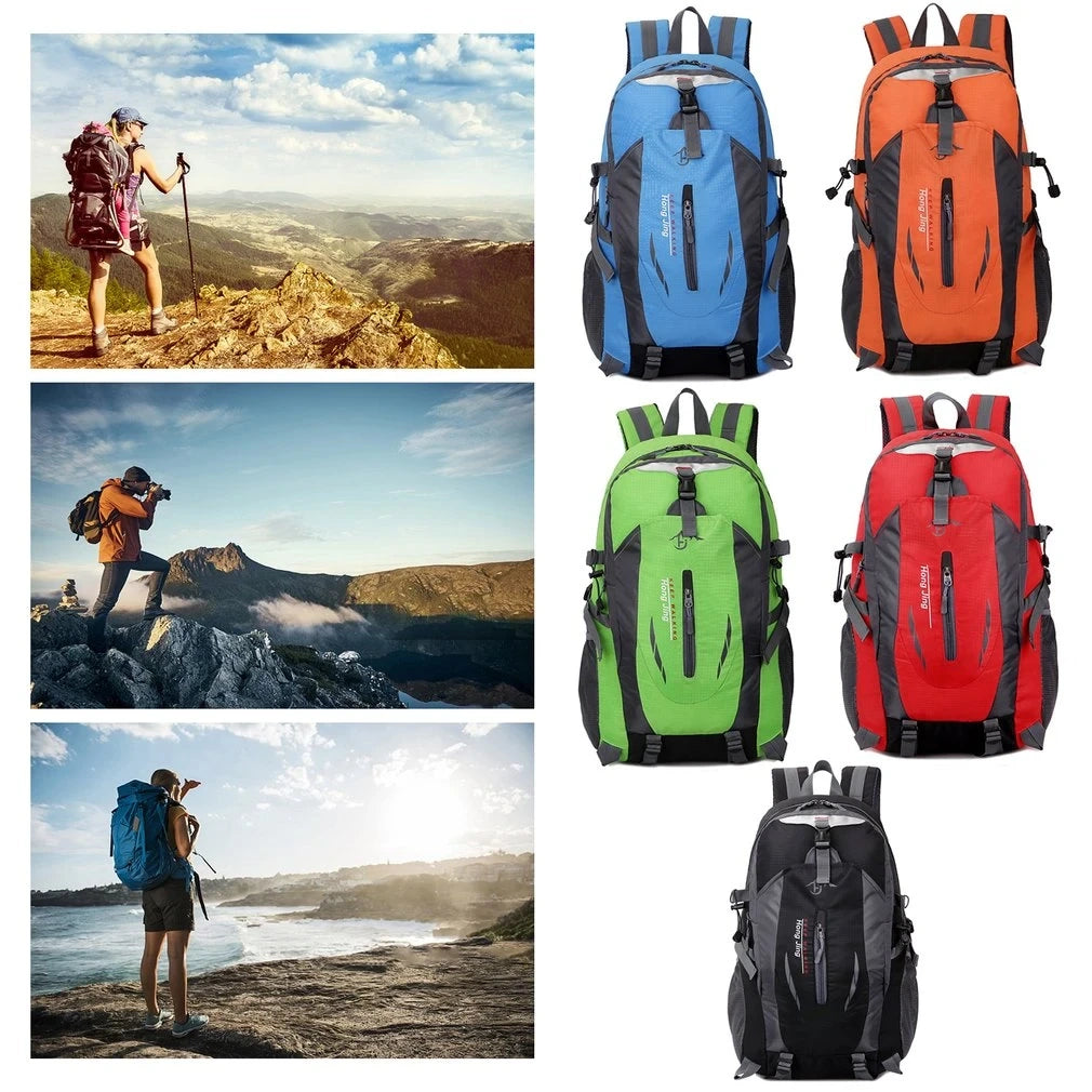 A red, 40L waterproof hiking backpack with multiple compartments photographed outdoors against a cloudy sky.