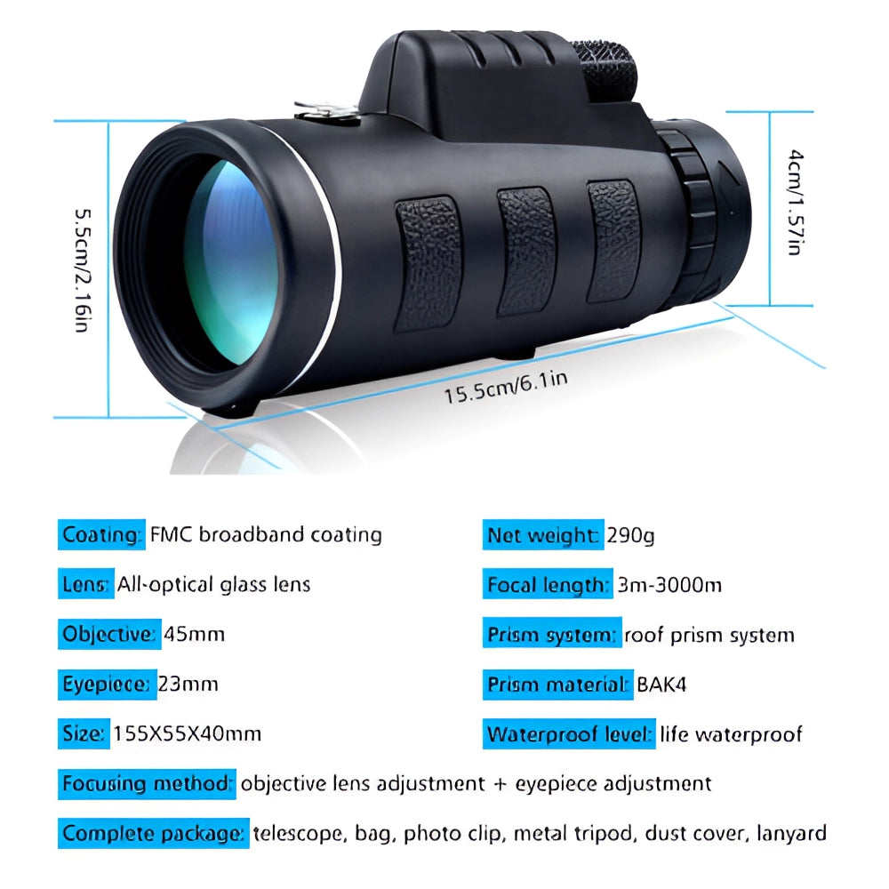 40x60 HD Night Vision Monocular with waterproof design, featuring a high-resolution lens, tripod, and phone adapter attachment.