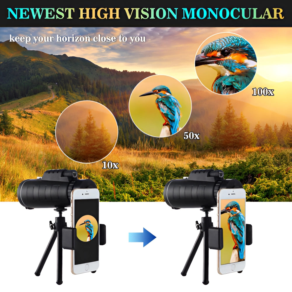 40x60 HD Night Vision Monocular with tripod and phone adapter, waterproof, portable, high-resolution, suitable for nature observation.