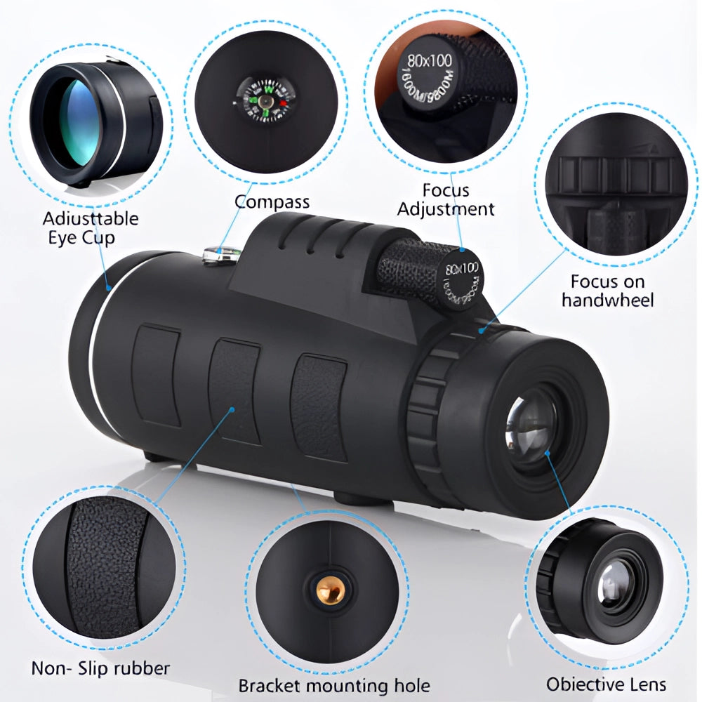 40x60 HD Night Vision Monocular with tripod and phone adapter, waterproof and portable, high-resolution lens.