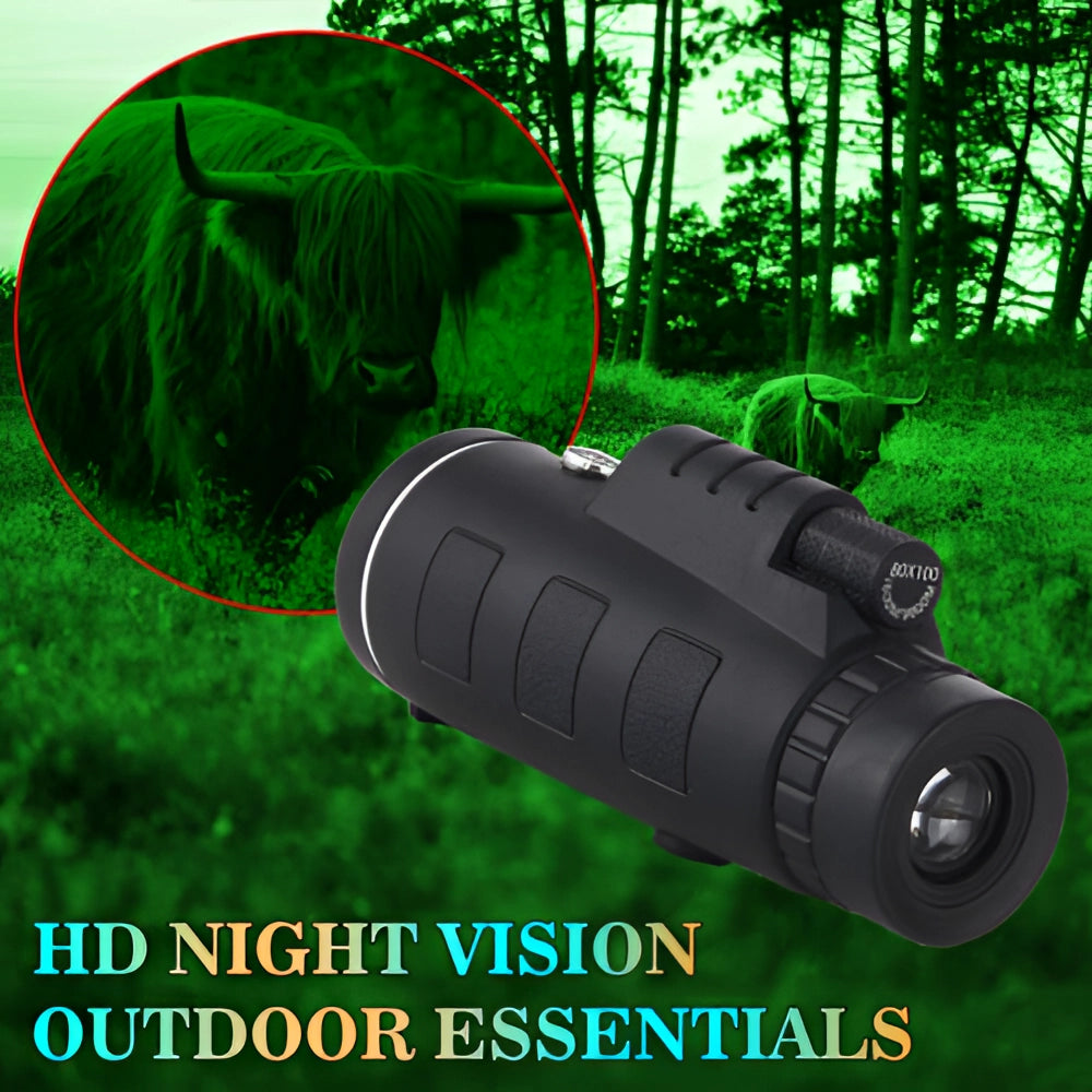 40x60 HD Night Vision Monocular in natural outdoor setting with green trees and grass, featuring waterproof design, tripod, and phone adapter.