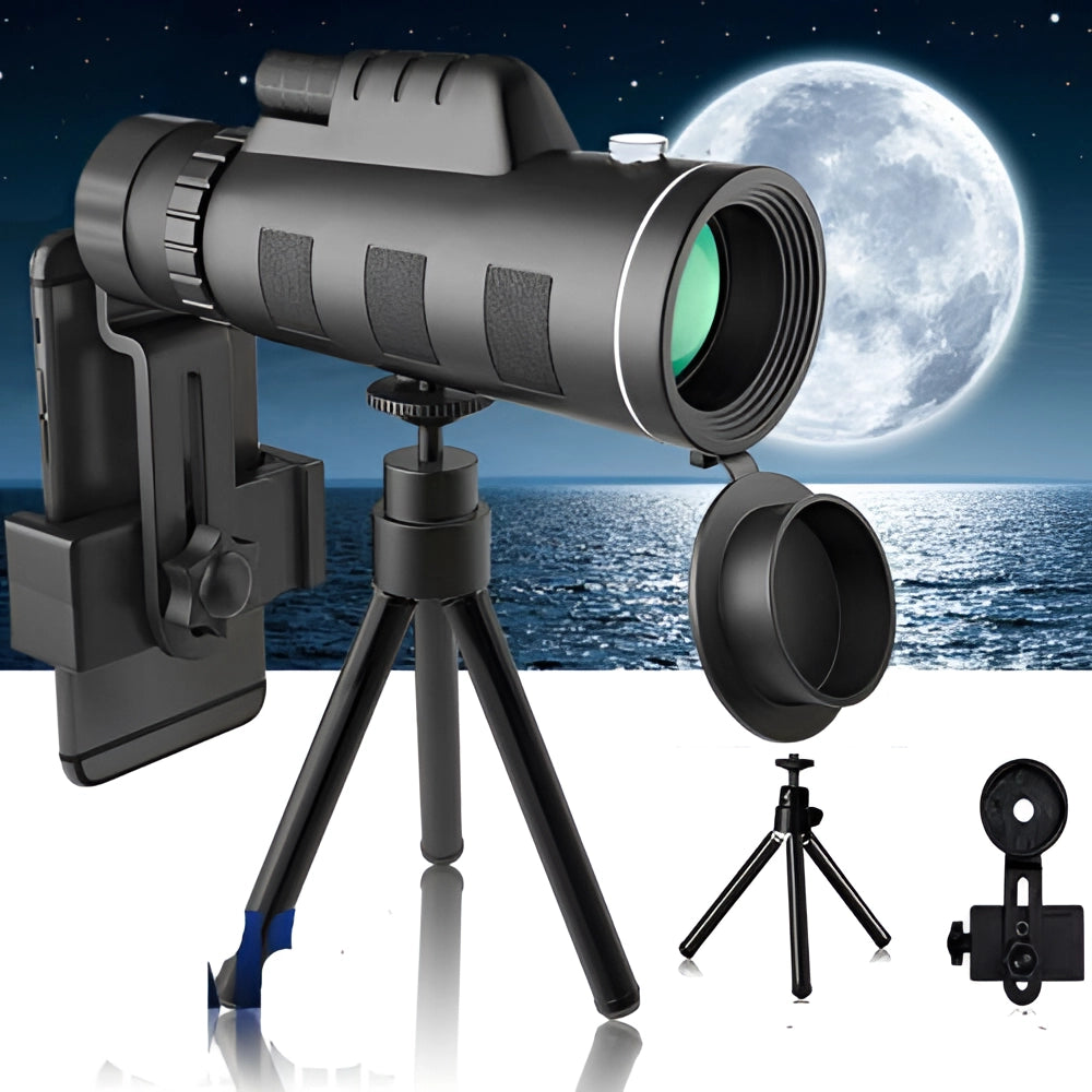 40x60 HD Night Vision Monocular with attached tripod and phone adapter showing high-resolution lens, waterproof and portable design.