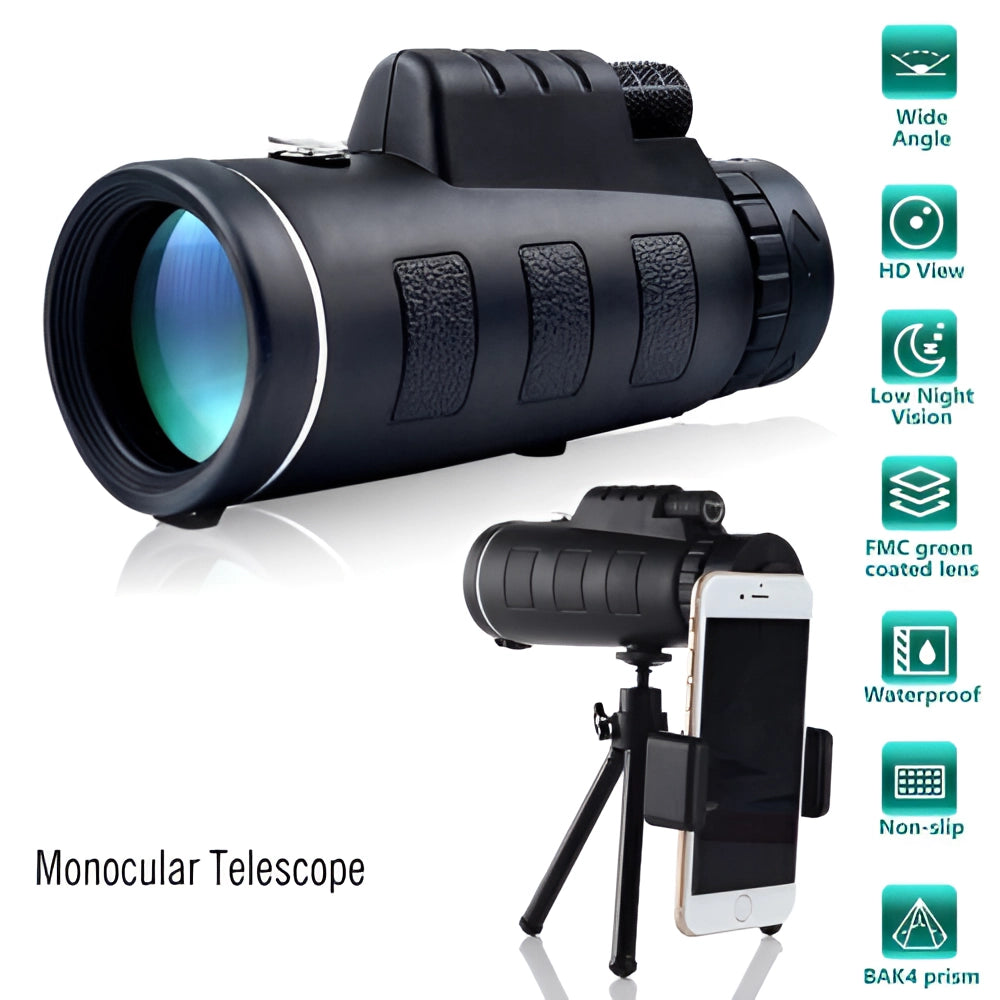 40x60 HD Night Vision Monocular - Waterproof, Portable, High-Resolution with Tripod & Phone Adapter showing camera lens and accessory setup.