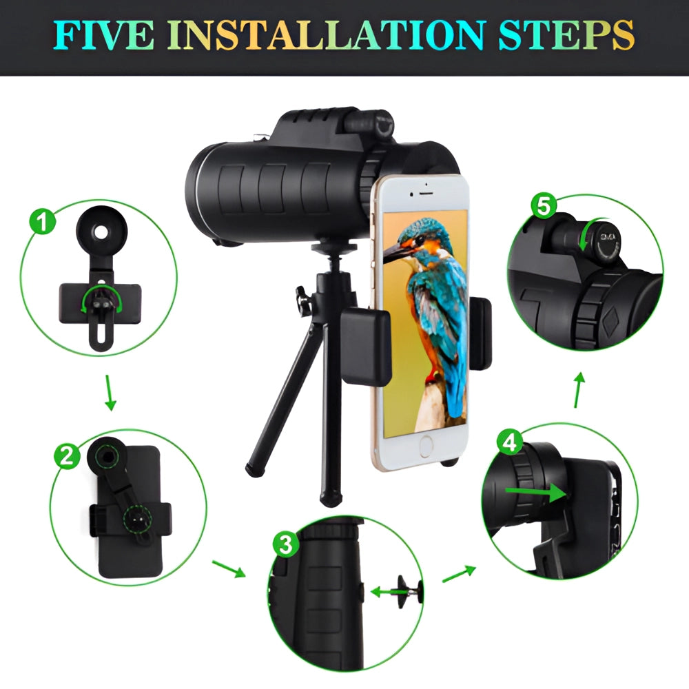 40x60 HD Night Vision Monocular - waterproof, portable, high-resolution scope with tripod and phone adapter, suitable for cameras and optics.