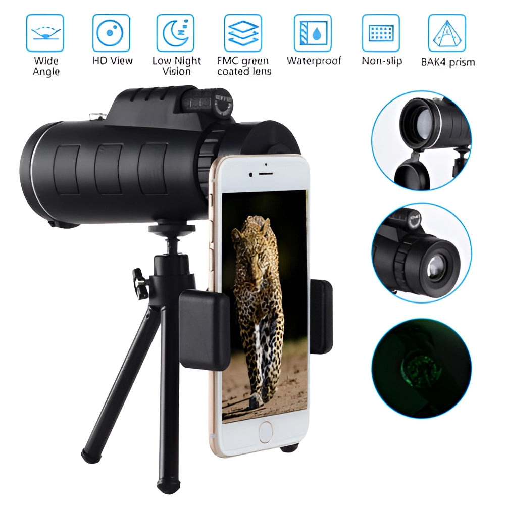 40x60 HD Night Vision Monocular - Waterproof, Portable, High-Resolution with Tripod and Phone Adapter.