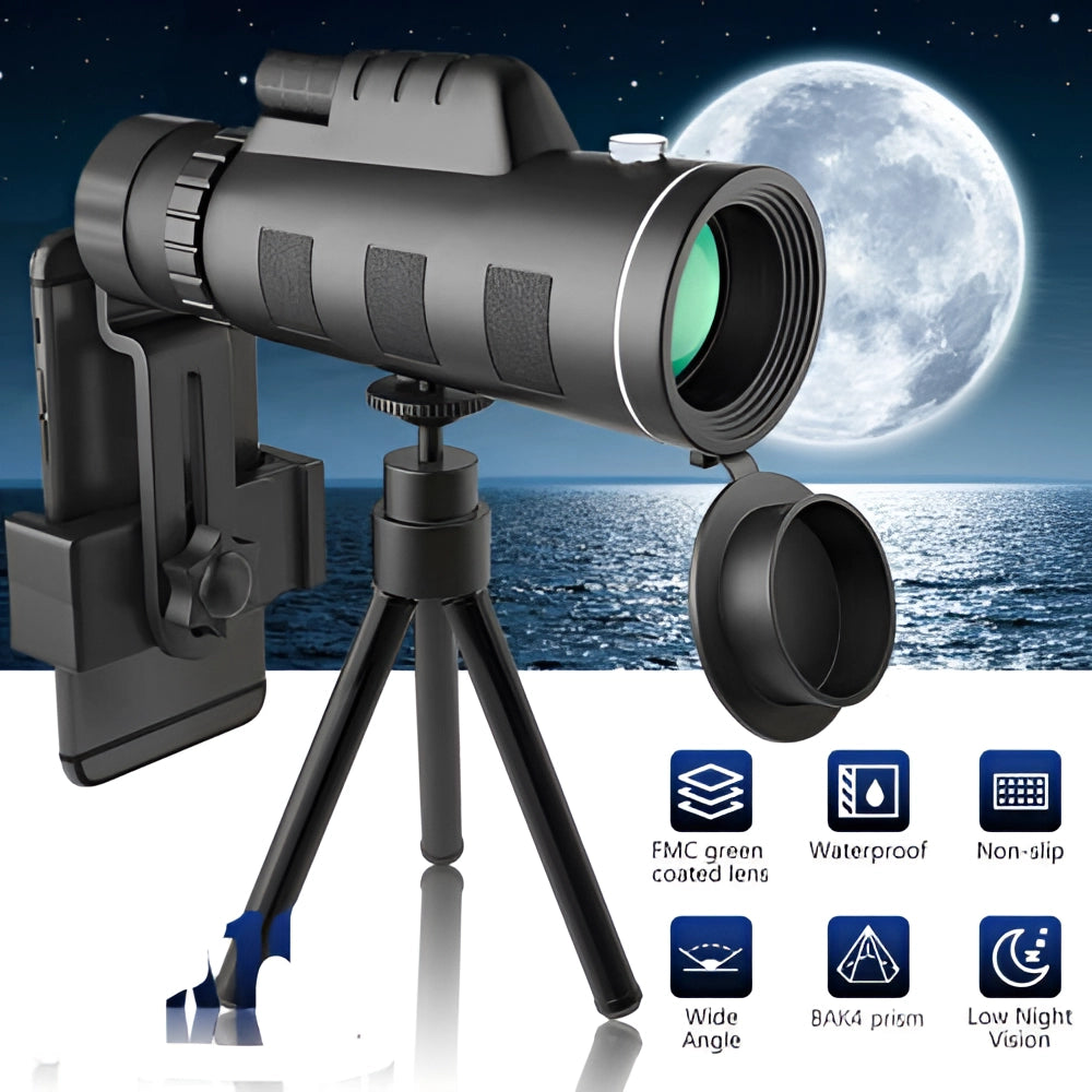 40x60 HD Night Vision Monocular with tripod and phone adapter, waterproof and portable high-resolution optical instrument for enhanced viewing.