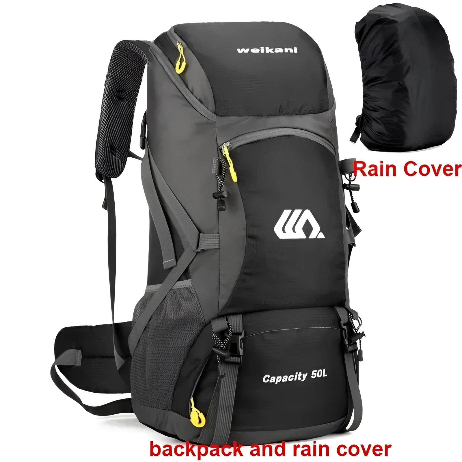 Durable black waterproof hiking backpack with ergonomic design and multiple compartments, styled as a fashion accessory suitable for outdoor activities.