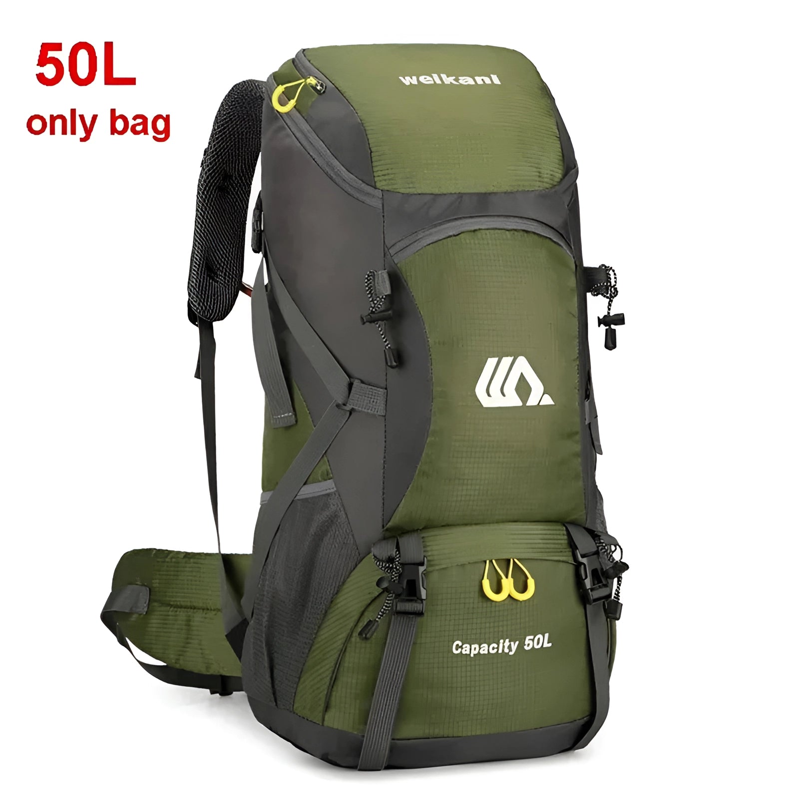 Durable army green waterproof hiking backpack with a 50-liter capacity, featuring multiple compartments and ergonomic straps, ideal for outdoor activities.