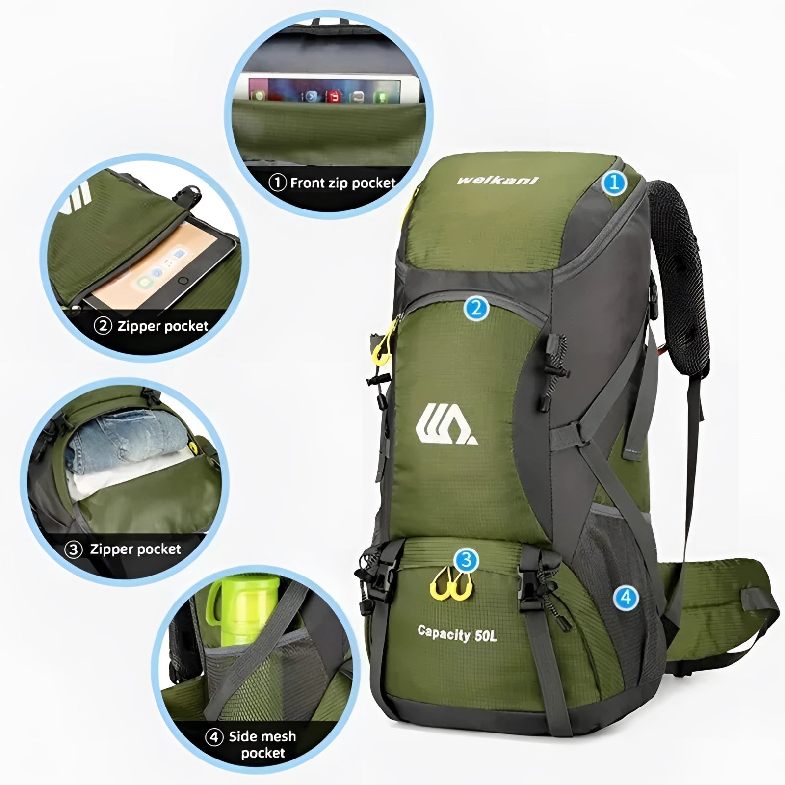 50-liter durable waterproof hiking backpack featuring ergonomic design and multiple compartments, shown on a grassy surface.