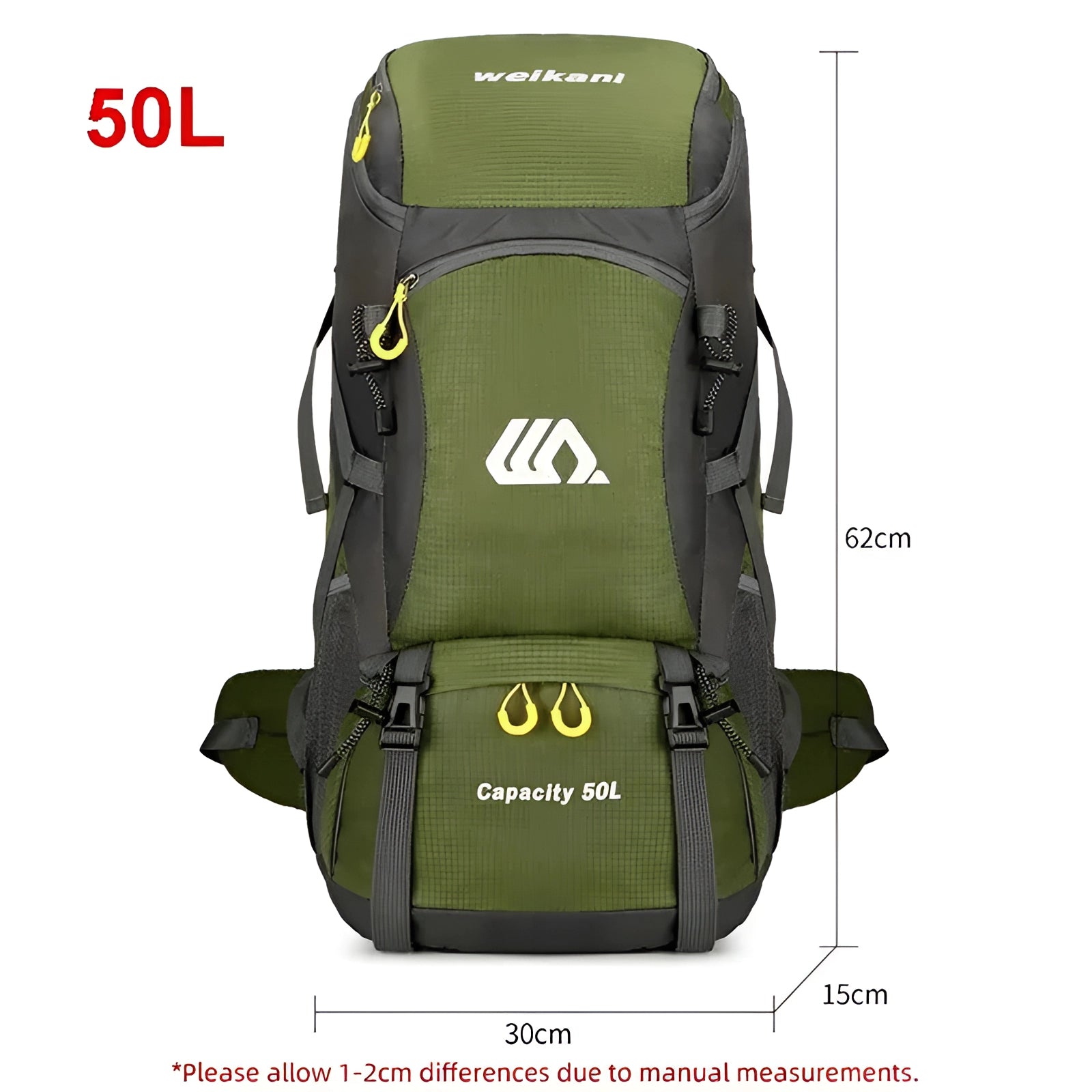 50-liter durable waterproof hiking backpack with ergonomic design, featuring multiple compartments for organized storage.