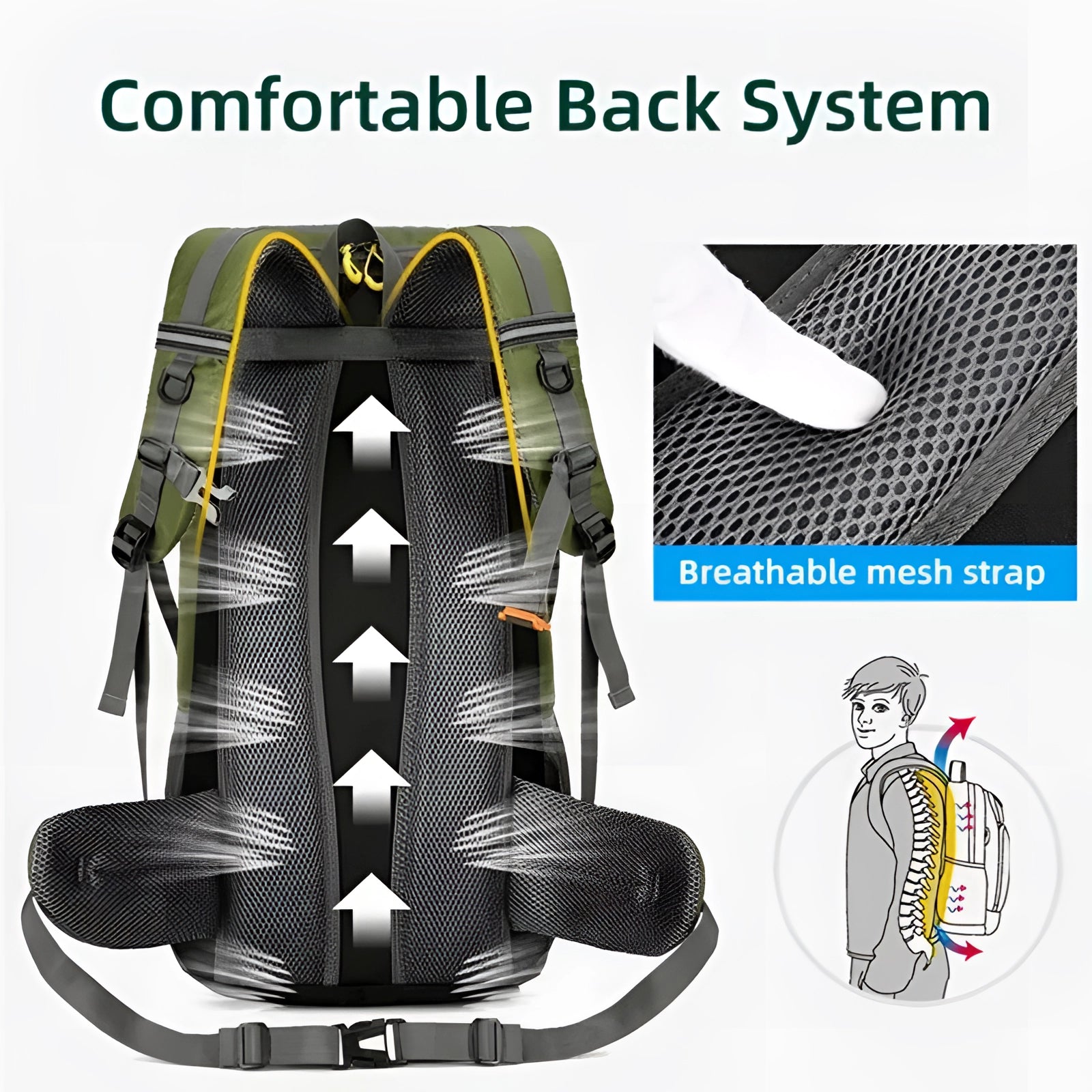 50L durable waterproof hiking backpack with ergonomic design and multiple compartments, ideal for outdoor adventures and carrying sports gear.