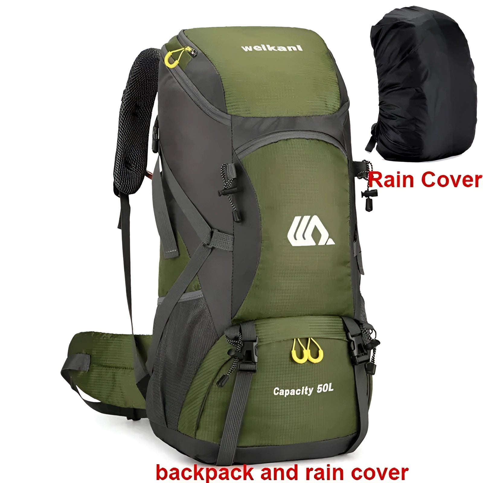 50L durable waterproof hiking backpack with ergonomic design and multiple compartments, featuring an army camouflage pattern and additional cover.