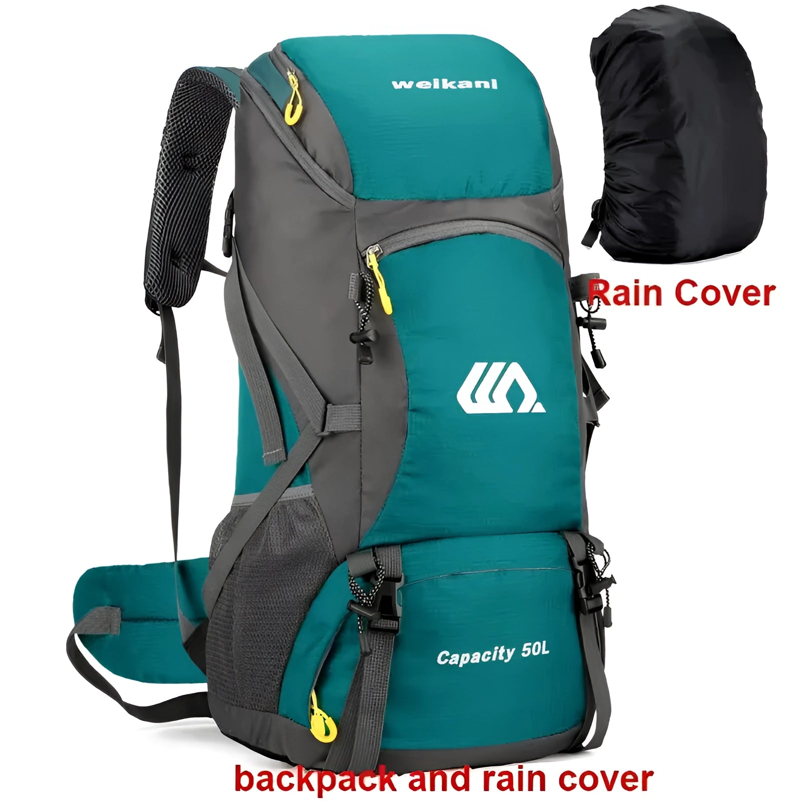 Lake blue hiking backpack with a 50-liter capacity, featuring ergonomic design and multiple compartments, shown with a durable and waterproof material.