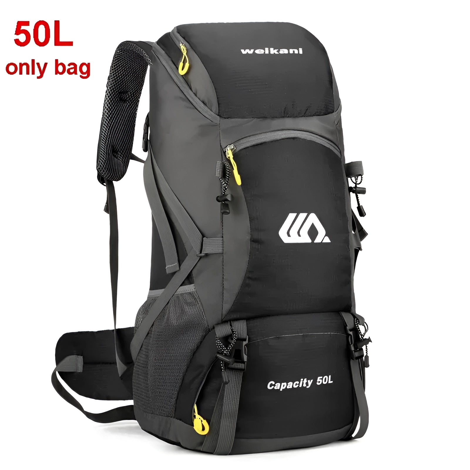 Durable 50L black waterproof hiking backpack featuring ergonomic design and multiple compartments, suitable for outdoor recreation and sports activities.