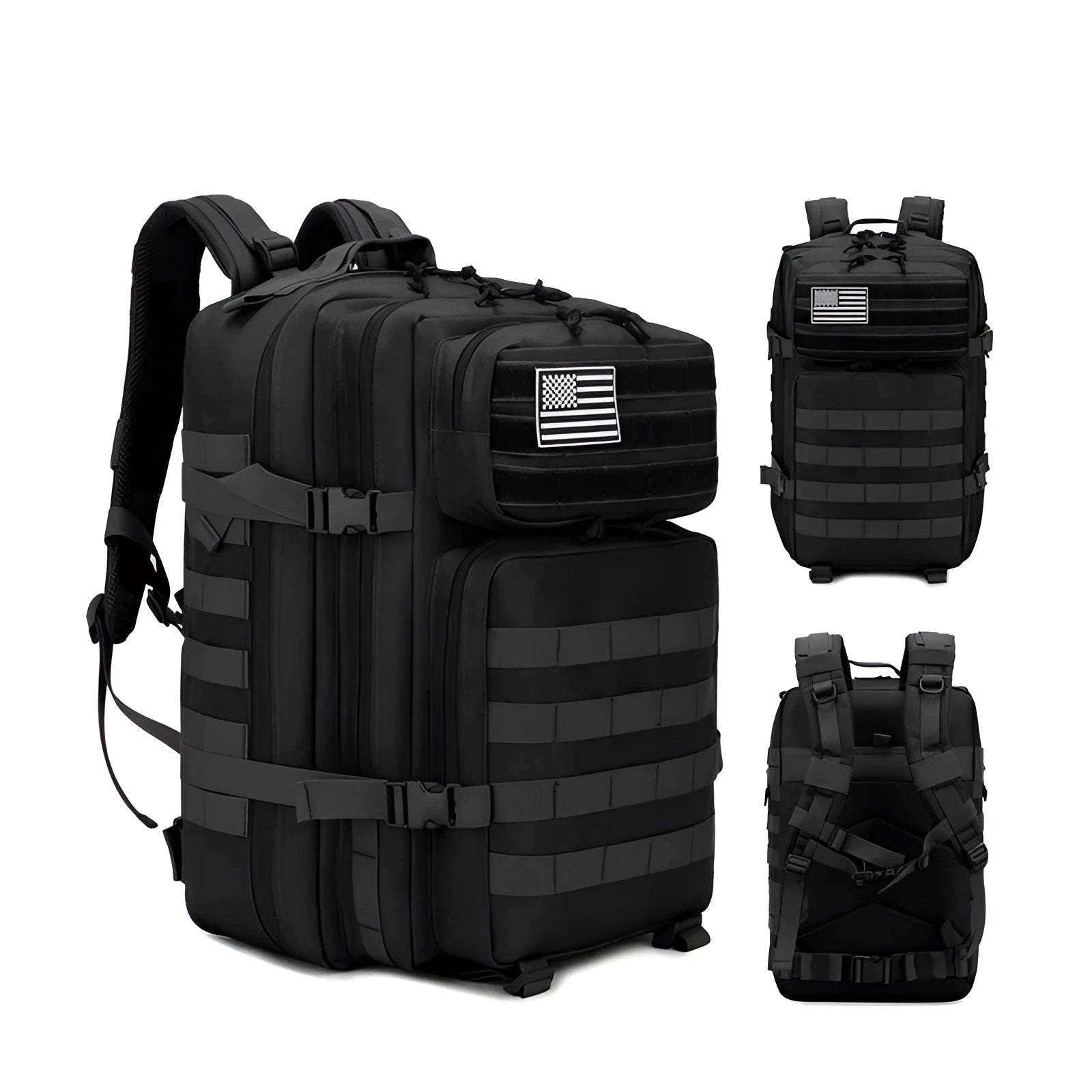 A black 50L tactical military rucksack with Molle attachments, showcasing its water-resistant material and multiple compartments.