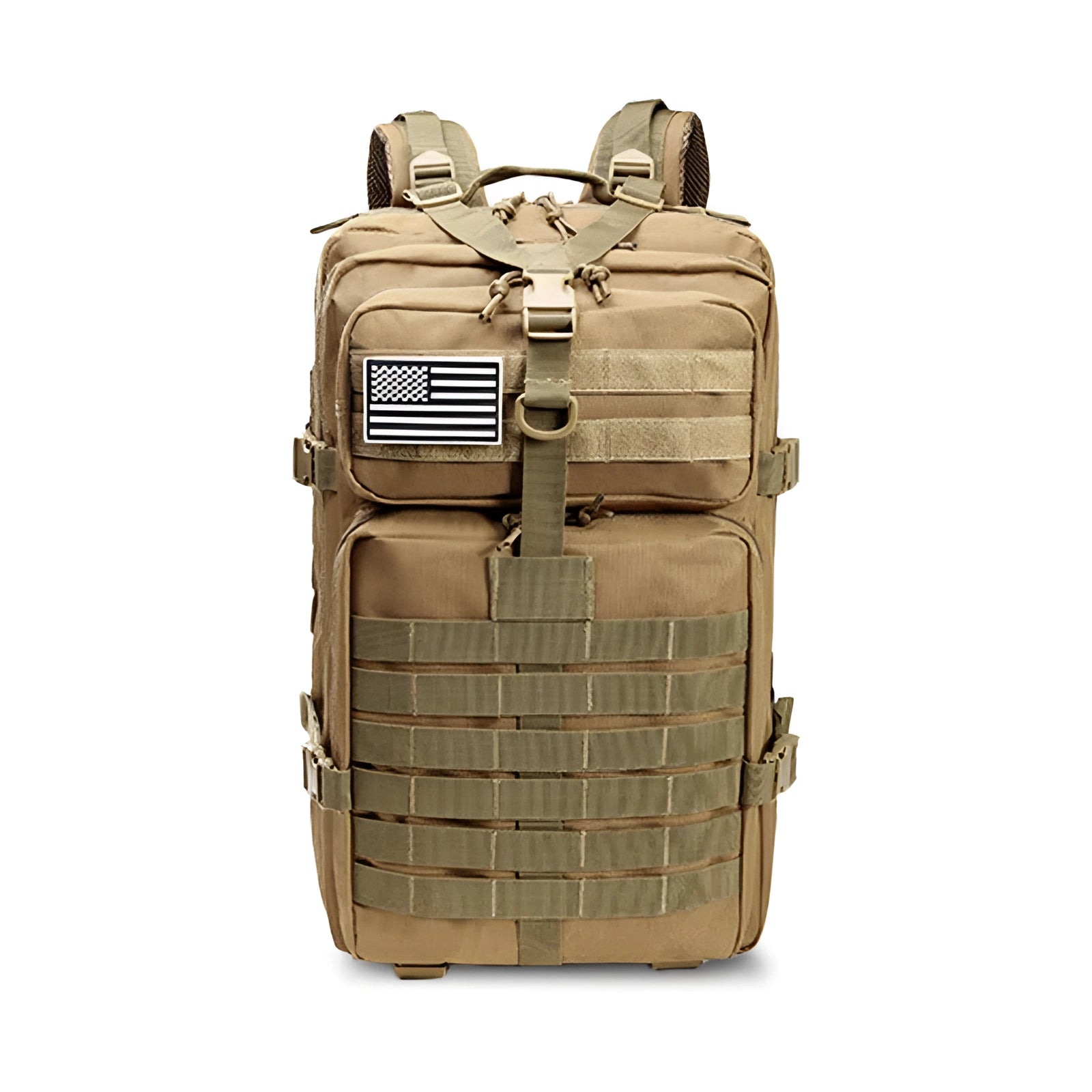 50L khaki3 tactical military rucksack, water-resistant Molle assault pack, beige and brown, rectangular shape, sturdy natural material, metal accents, ideal for travel and outdoor use.