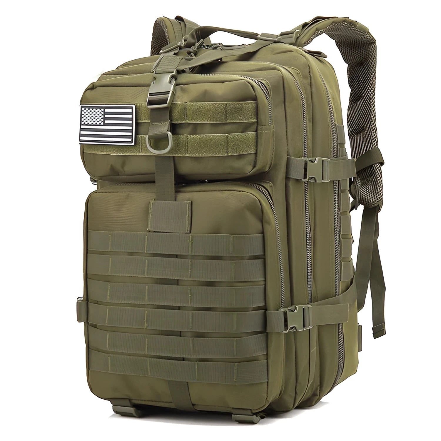 Green 50L tactical military rucksack, water-resistant Molle assault pack with multiple compartments and webbing.