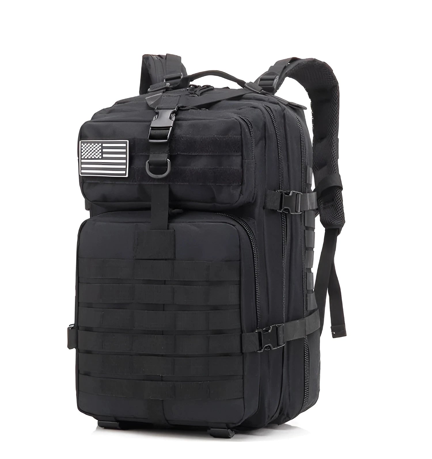 Black 50L Tactical Military Rucksack, Water-Resistant Molle Assault Pack with multiple compartments and adjustable straps.