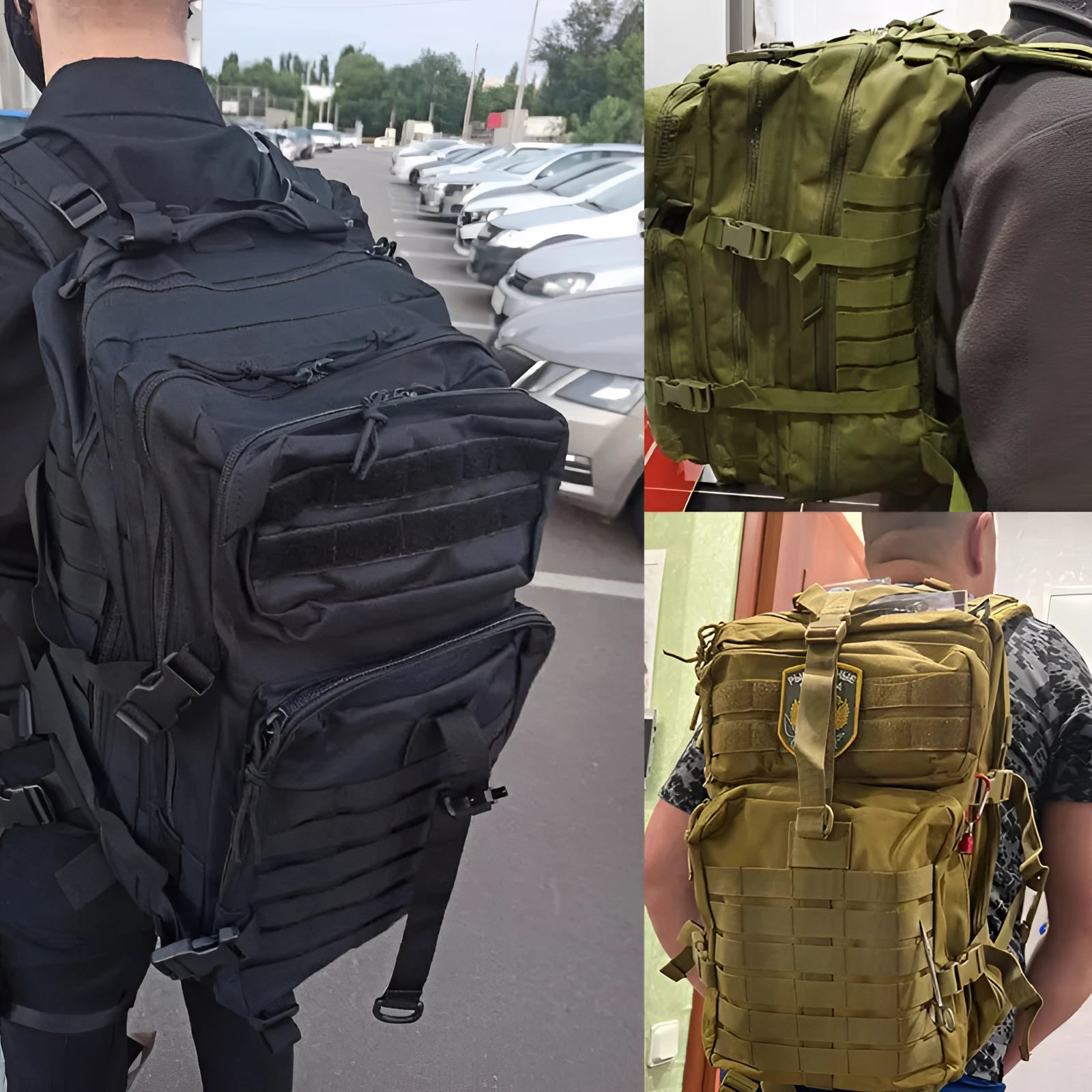 50L tactical military rucksack in green with MOLLE system and multiple compartments, featuring water-resistant material.