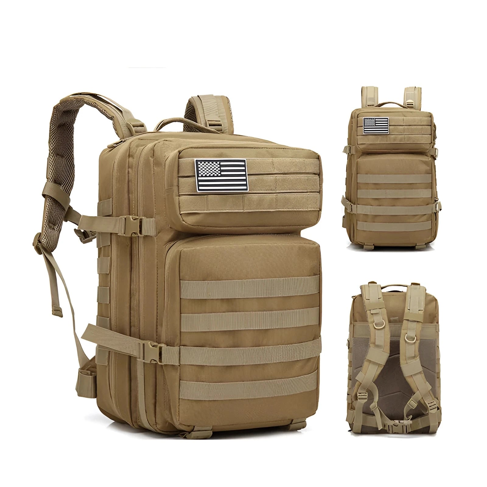 A khaki-colored 50L tactical military rucksack with multiple compartments, handle, and MOLLE webbing attachments, designed for durability and water resistance.