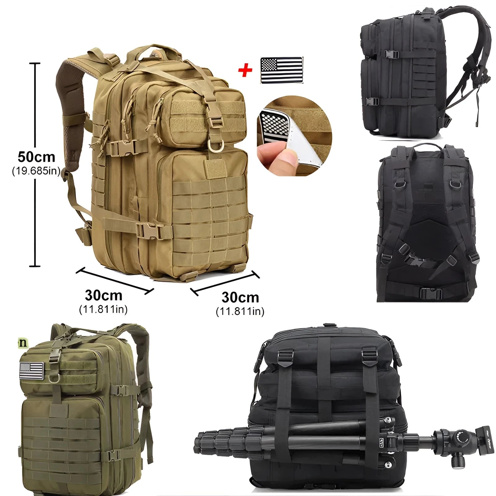 50L tactical military rucksack, water-resistant MOLLE assault pack in khaki brown, featuring multiple compartments and durable construction.