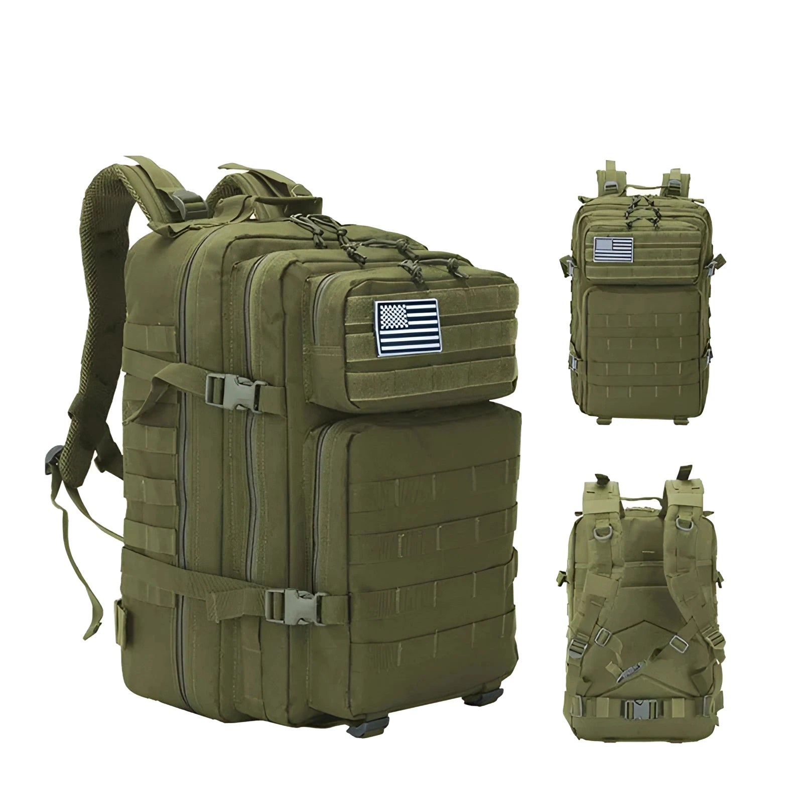 Green 50L tactical military rucksack, water-resistant Molle assault pack with camouflage pattern and multiple compartments.