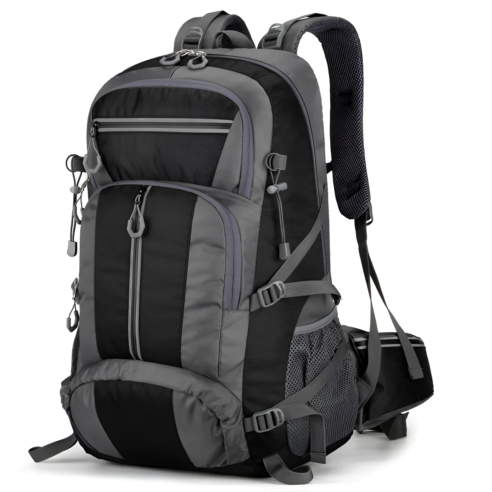 50-liter grey and black hiking backpack with a turquoise accent, featuring a water-resistant material and a dedicated shoe compartment, designed for travel and outdoor recreation.