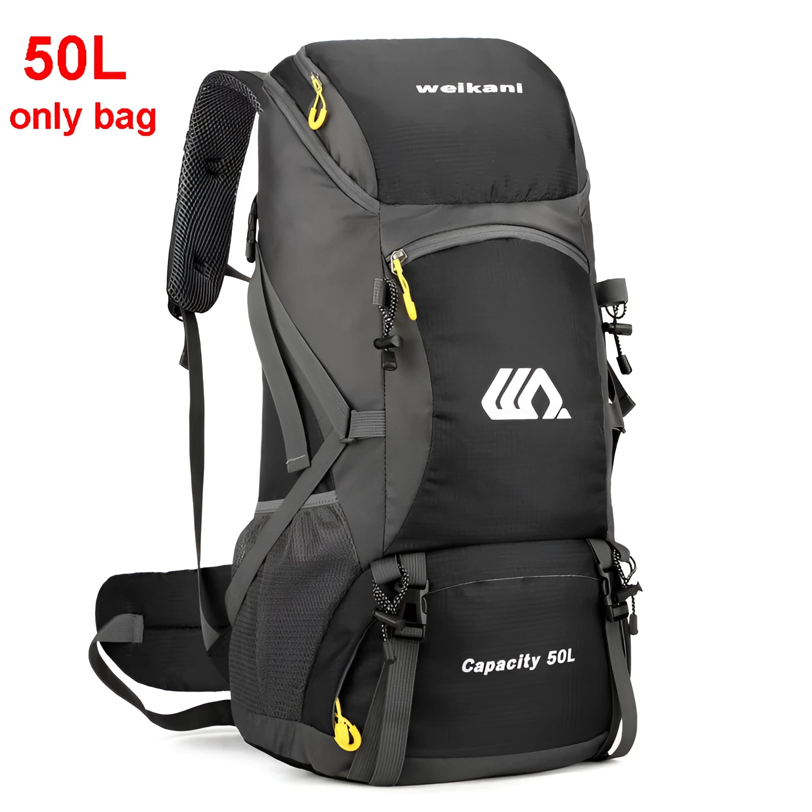 50-liter black waterproof hiking backpack featuring back support and multiple compartments, designed for outdoor recreation and travel.