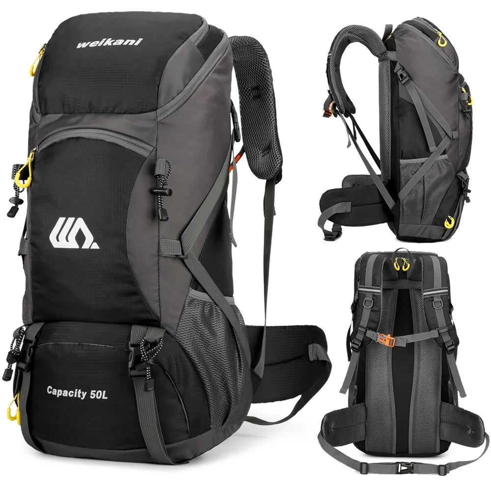 50L waterproof hiking backpack in white, featuring back support, multiple compartments, and adjustable straps.