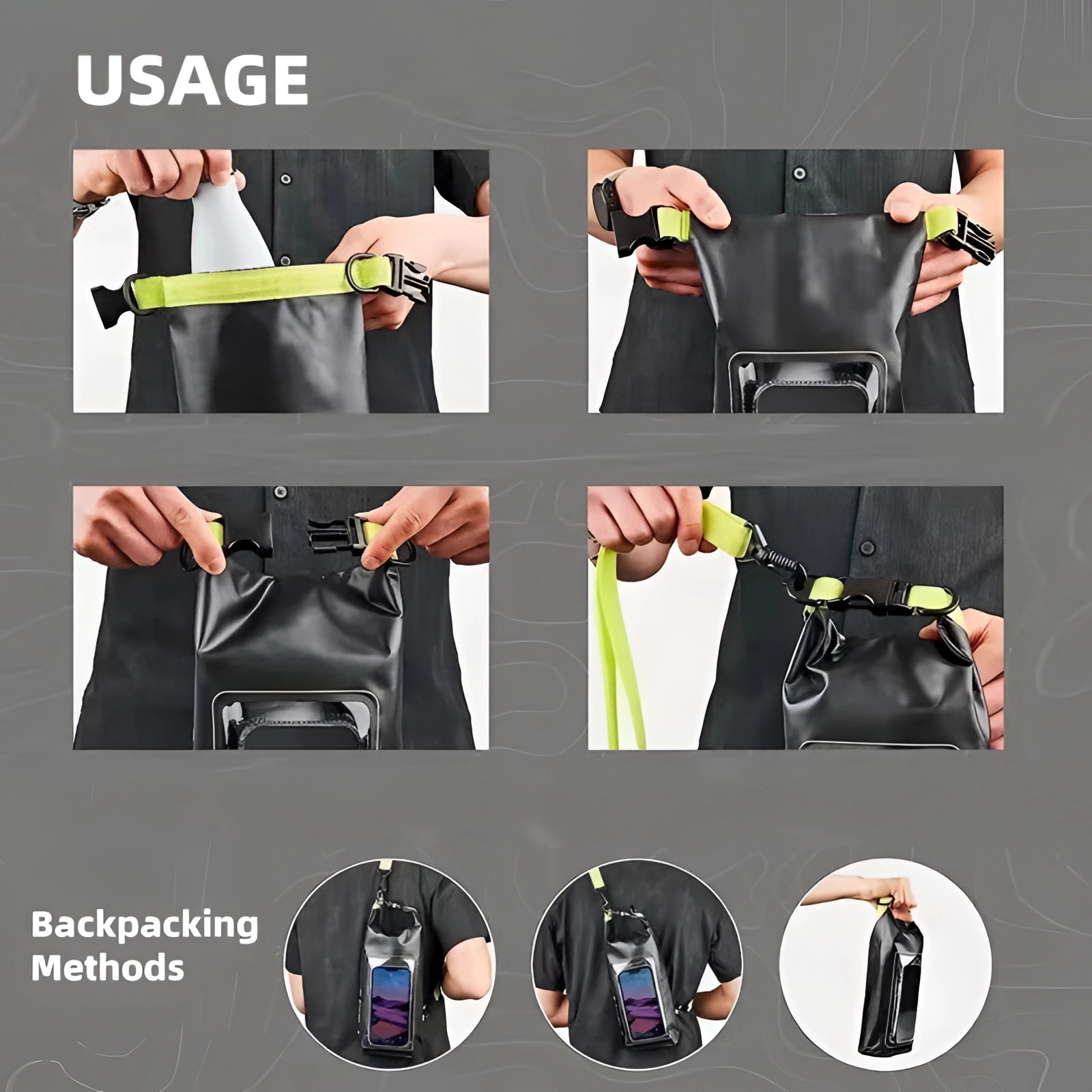 Black 5L waterproof dry bag and phone pouch designed for outdoor adventures, featuring a durable roll-top closure and adjustable shoulder strap against a plain background.