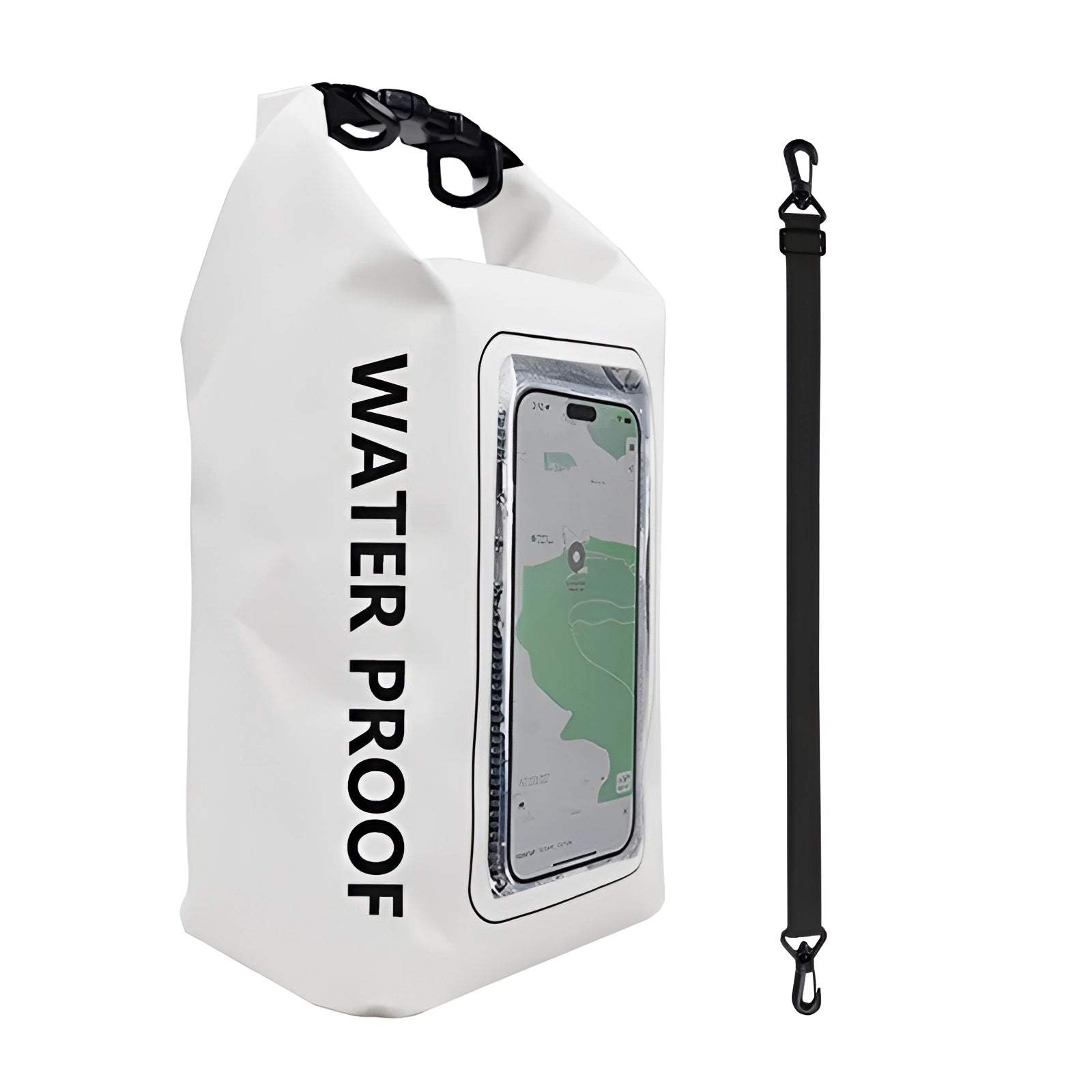 Black waterproof dry bag with a 5-liter capacity and an additional phone pouch, designed for outdoor adventures and water activities, featuring a white color variant.