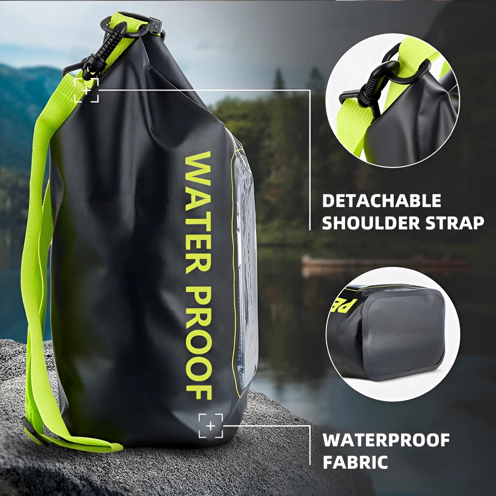 5L black waterproof dry bag with phone pouch for outdoor adventures.