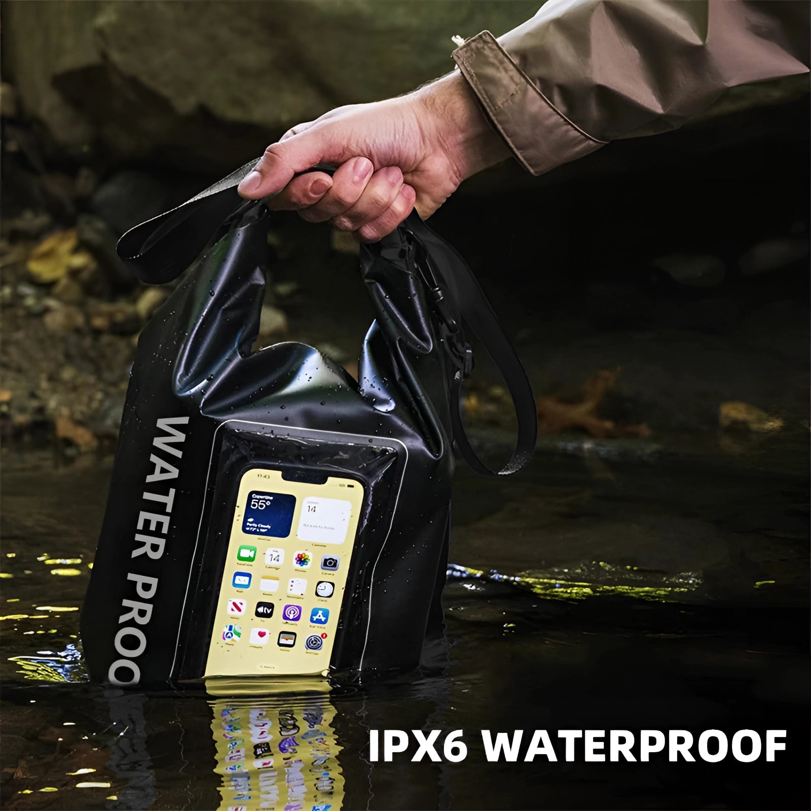 Black 5L waterproof dry bag with a clear phone pouch designed for outdoor adventures, featuring a secure roll-top closure to keep contents dry and protected from water exposure.