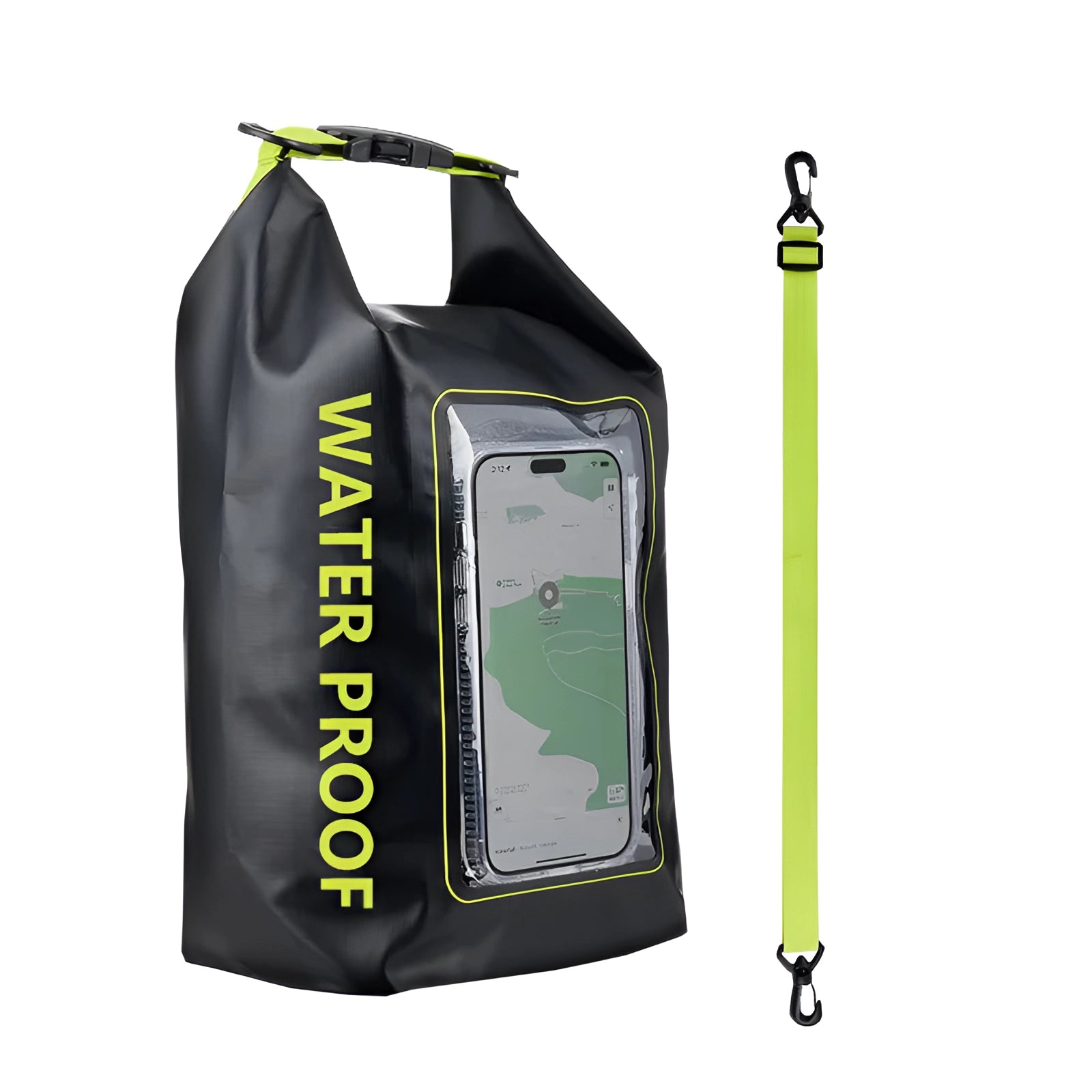 Black and green 5L waterproof dry bag with attached phone pouch, featuring a logo and brand mark, designed for outdoor adventures and water activities.