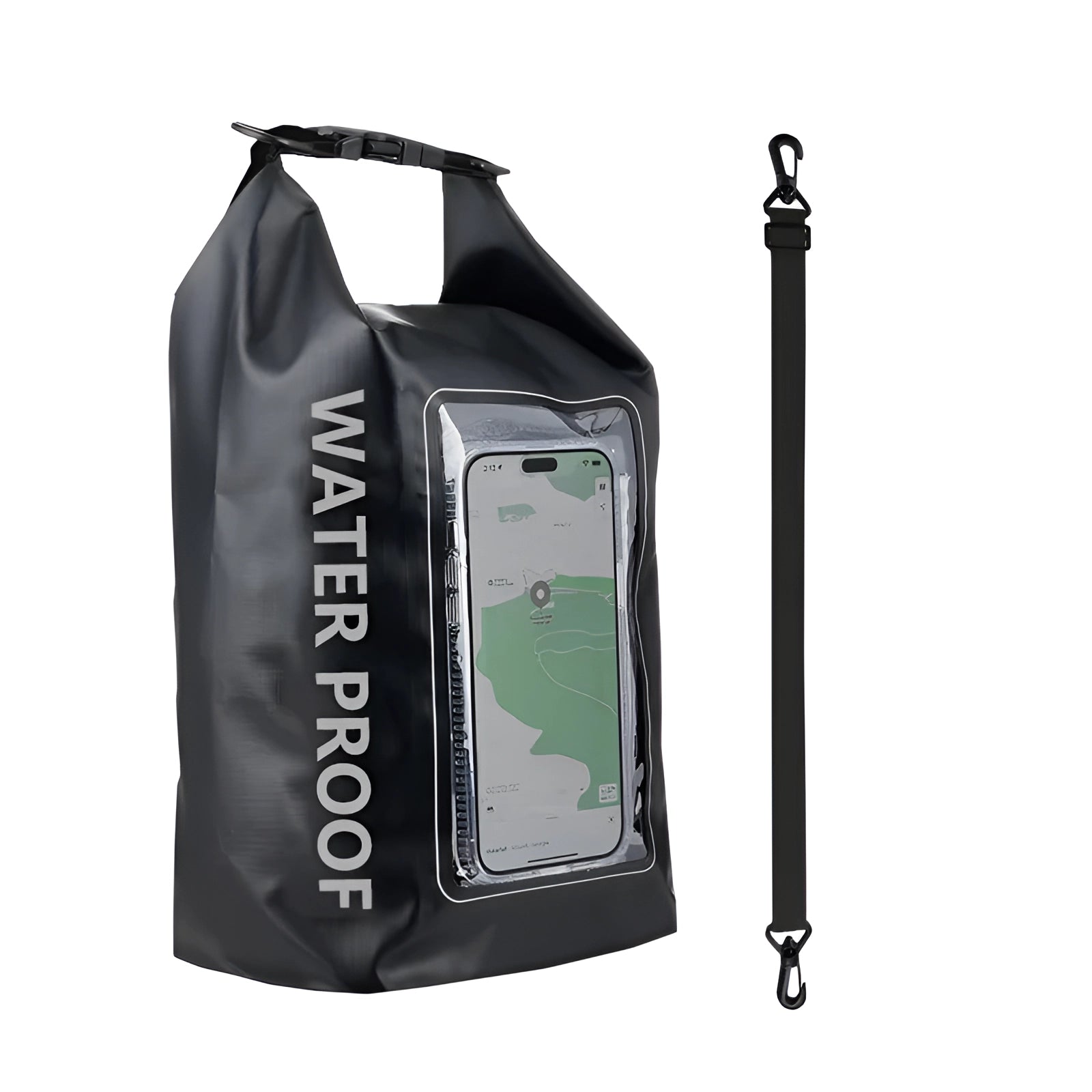 Black 5-liter waterproof dry bag with a phone pouch, suitable for outdoor adventures, shown against a plain background.