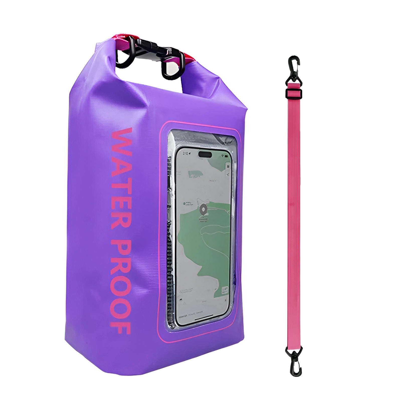 Purple 5L waterproof dry bag with a phone pouch designed for outdoor adventures.