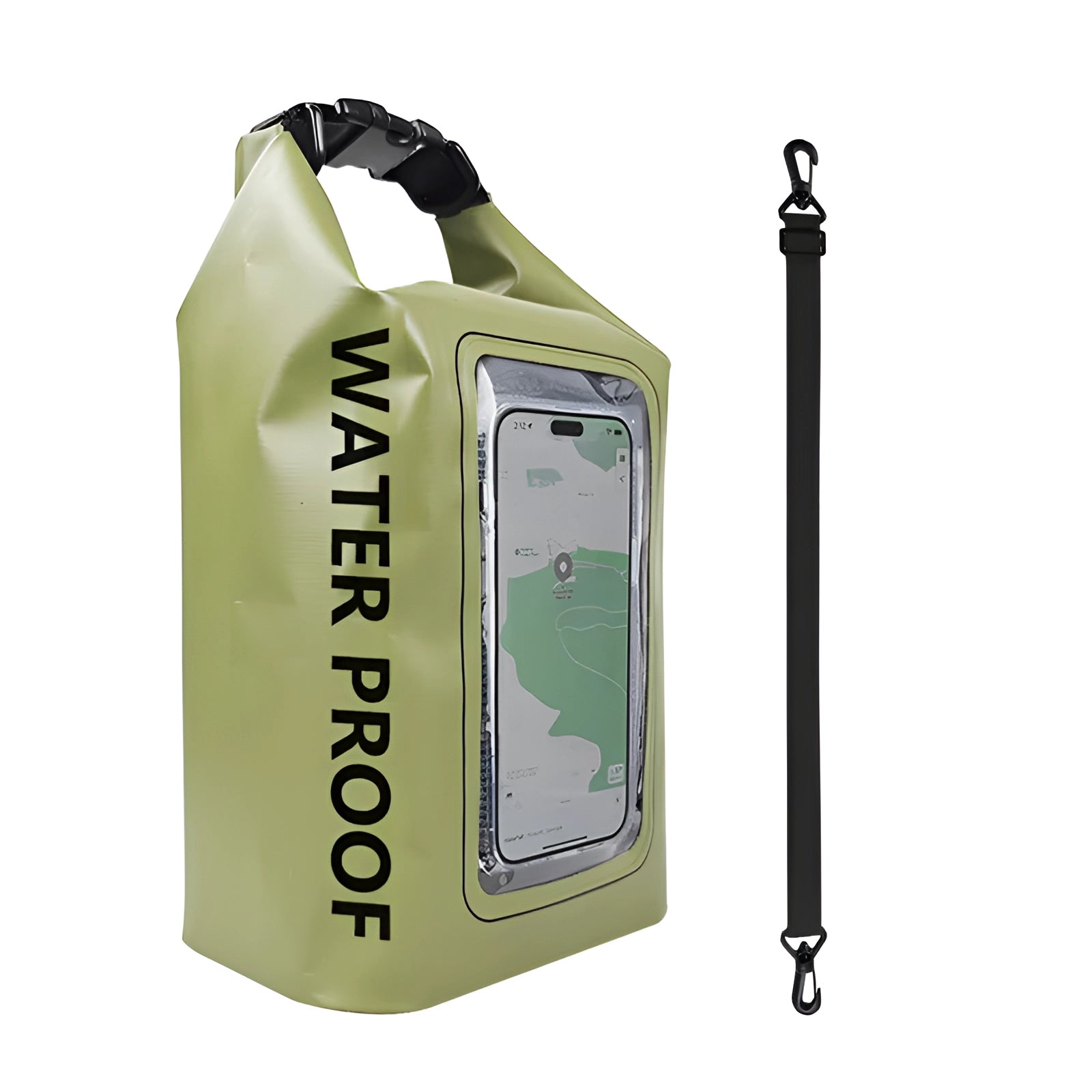 Army green waterproof dry bag and phone pouch designed for outdoor adventure, featuring a roll-top closure and adjustable strap.