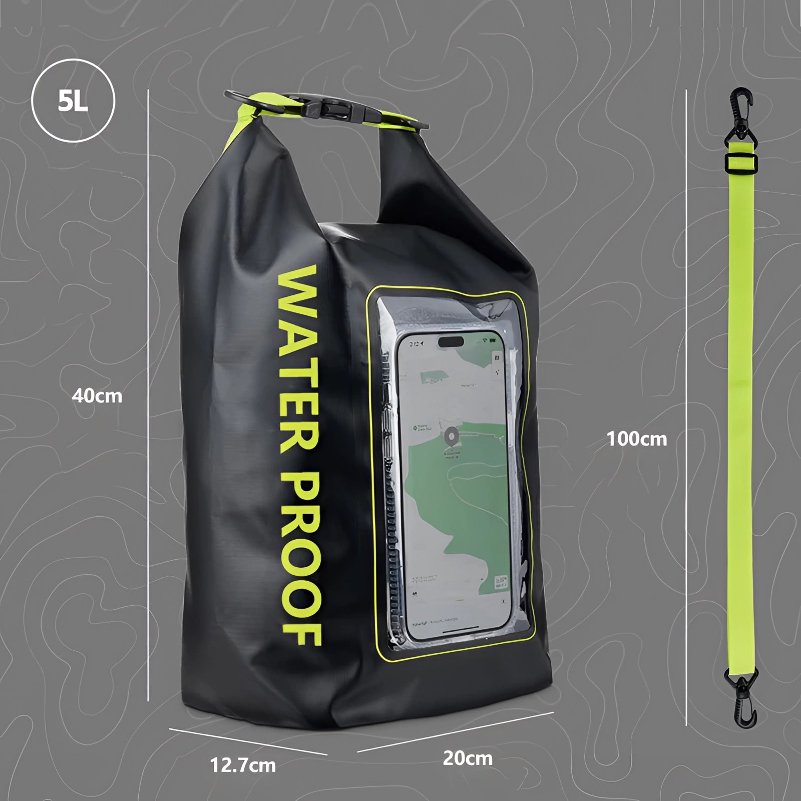 5-liter black waterproof dry bag with a transparent phone pouch, designed for outdoor adventures and water sports.