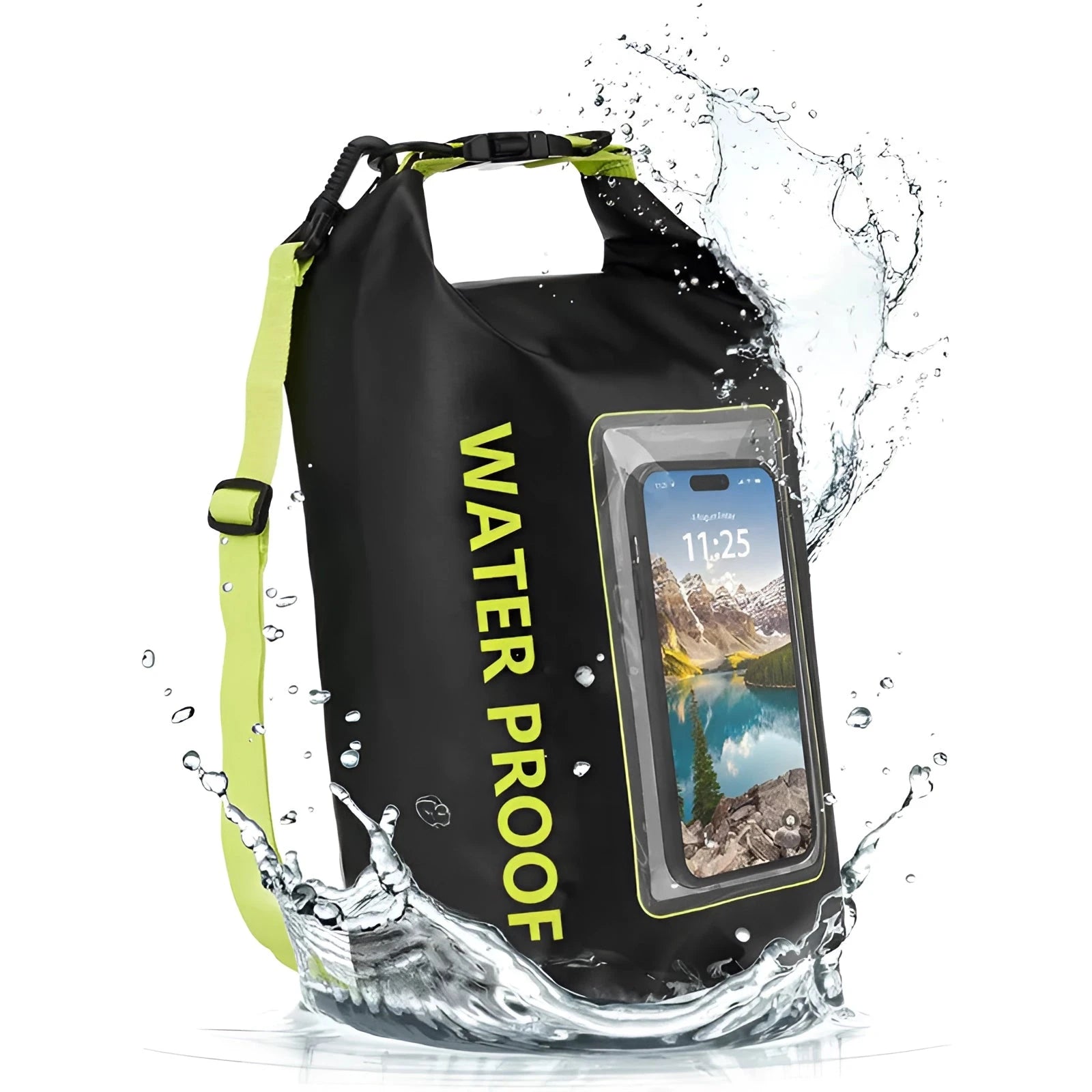 Black 5L waterproof dry bag and phone pouch designed for outdoor adventures, featuring a secure roll-top closure and durable material to protect belongings from water exposure.