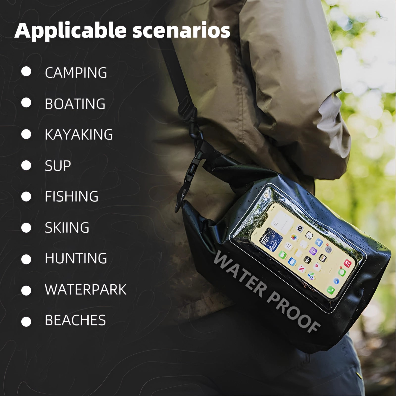 Black waterproof dry bag with a 5-liter capacity, featuring a clear phone pouch attached, designed for outdoor adventures. The bag has a sleek black strap for easy carrying and a secure roll-top closure to keep contents dry.