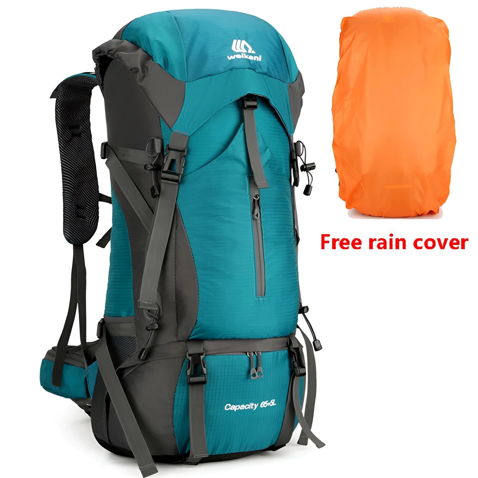 Blue 60L waterproof hiking backpack with rain cover, featuring multiple compartments and durable fabric suitable for travel and outdoor adventures.