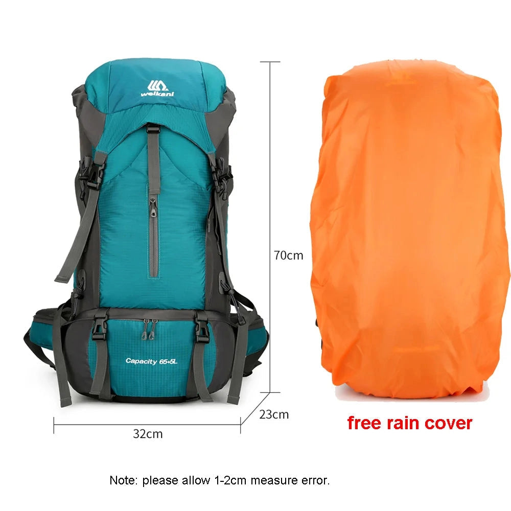 Blue 60L waterproof hiking backpack with rain cover, featuring multiple compartments and adjustable straps for comfortable travel and outdoor adventures.