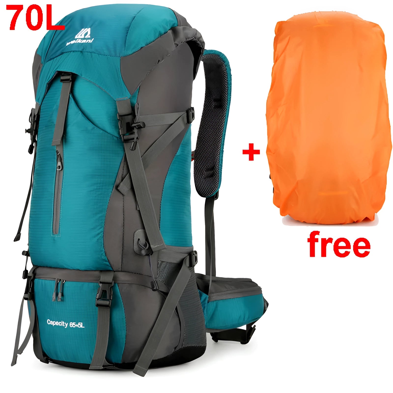 Blue waterproof hiking backpack with a 70-liter capacity, featuring a rain cover, suitable for travel and outdoor adventures.